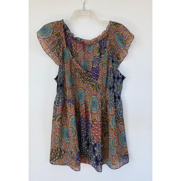 Sunny Leigh Tops - Women's Paisley Blouse Smocked Flutter Sleeve Baby Doll Top Boho Fairy Milk Maid